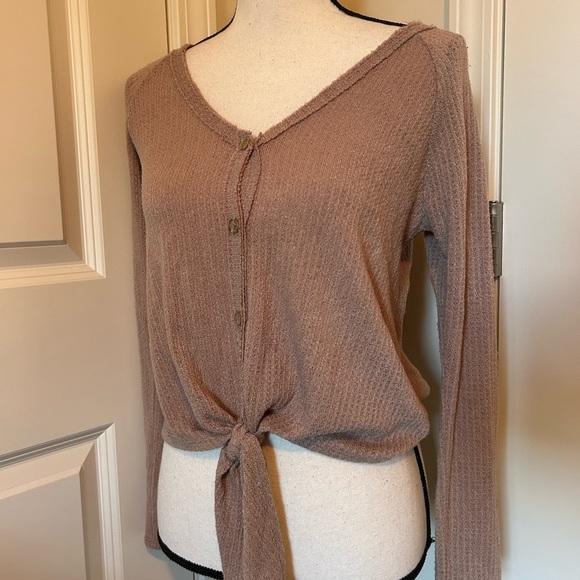 Sienna Sky brown V-neck, long sleeve waffle knit button down front top - Picture 2 of 4